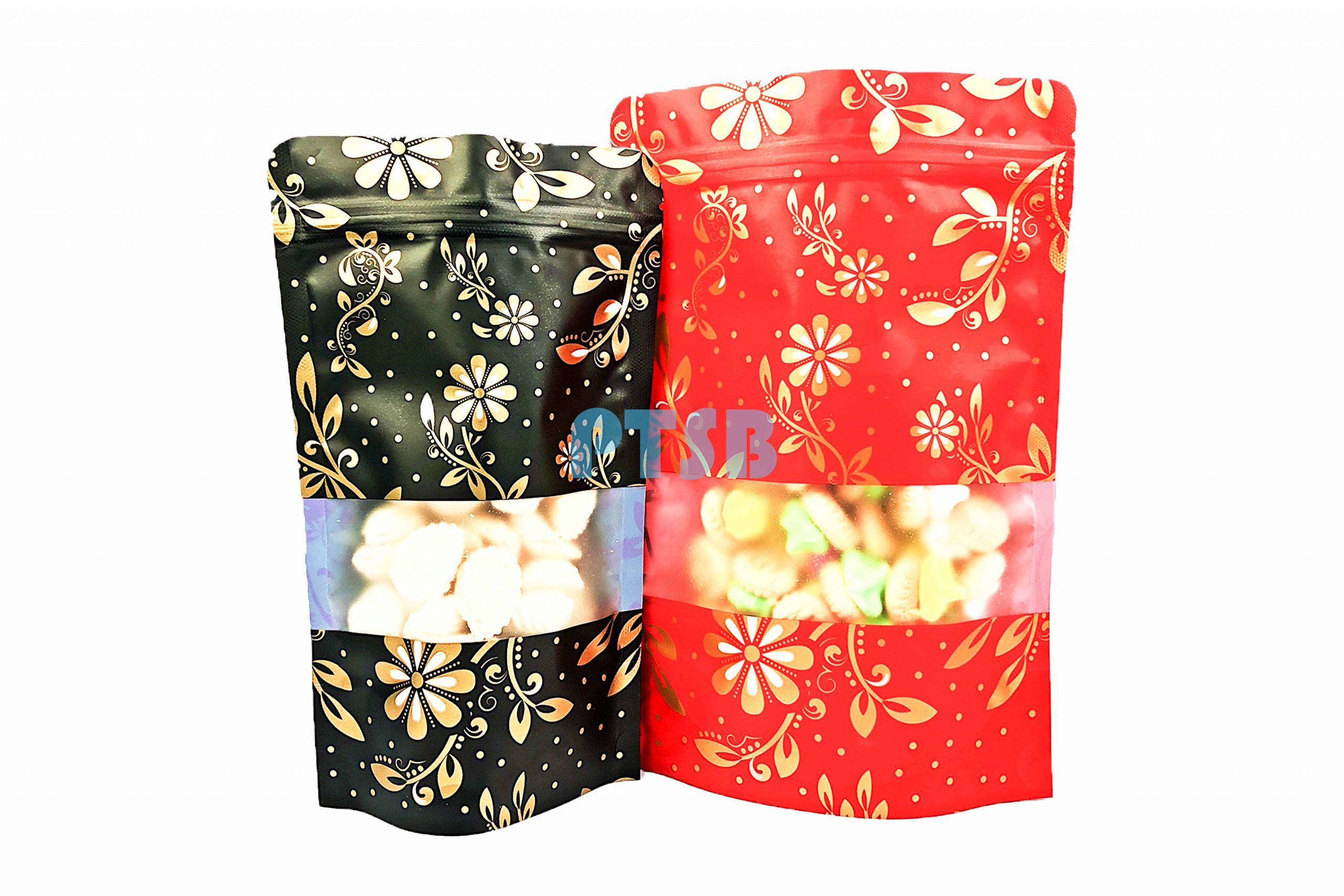 Matt Transparent Black/Red Batik Pattern Stand Pouch Bag (MOZ-BT/MOZ-RT)